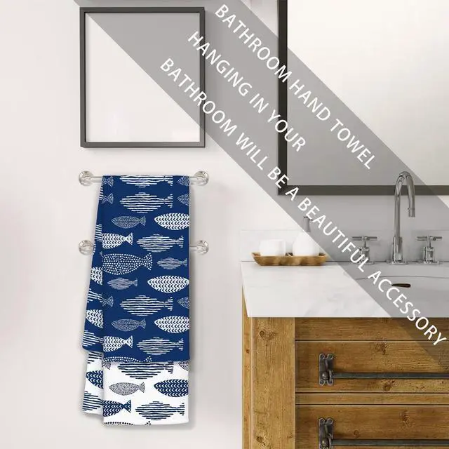 Alt view image 4 of 7 - Coastal Beach Kitchen Towels Set of 2, Blue Fishing Beach Hand Towels for Bathroom, Fish Decor Dish Tea Towels, Coastal Kitchen Bathroom Decor, 16x24 Inch