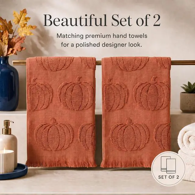 Alt view image 4 of 7 - Decorative Fall Hand Towels for Your Bathroom Or Kitchen | Luxurious Set of 2 Soft Cotton Towels are Absorbent, Lightweight & Dry Quickly - Perfect to Elevate Any Bath Decor at Home