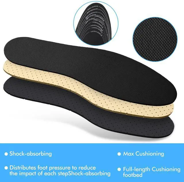 Alt view image 4 of 7 - 2 Pairs Shoe Insoles Soft Latex Breathable Shoe Filler Replacement Non-Woven Fabric Pads Inserts for Women Men Kids Flat Sneakers (Black)