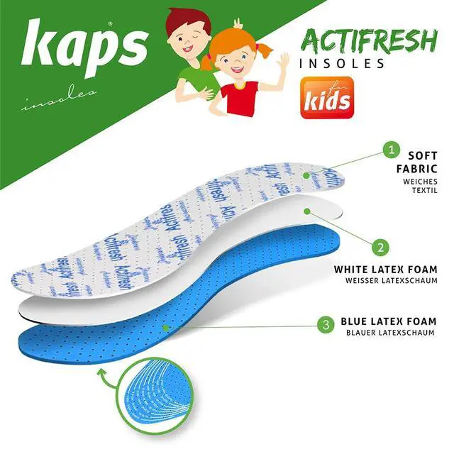 Alt view image 2 of 6 - Adjustable Soft Hygienic Kids Shoe Insoles With White & Blue Latex Foam Swiss Tehchnology by Sanitized Excelent Air Circulation Actifresh Kids 1 Pair