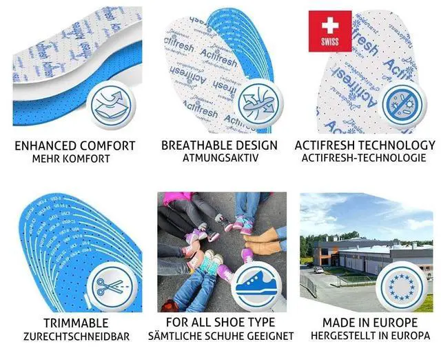 Alt view image 3 of 6 - Adjustable Soft Hygienic Kids Shoe Insoles With White & Blue Latex Foam Swiss Tehchnology by Sanitized Excelent Air Circulation Actifresh Kids 1 Pair