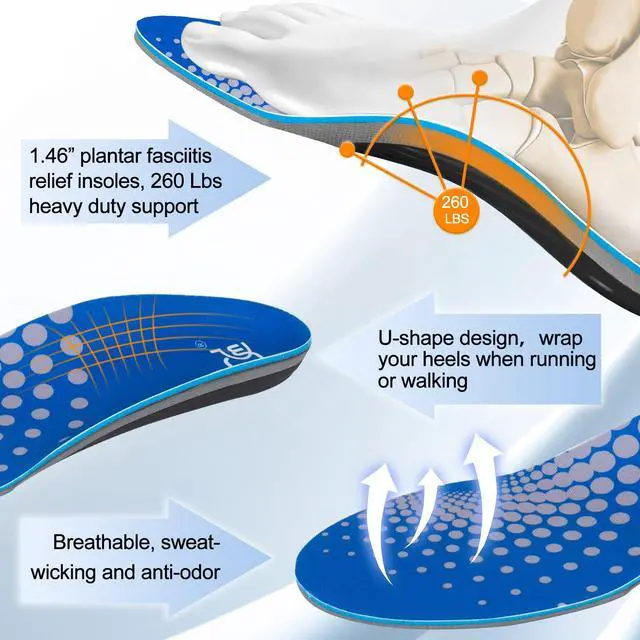 Alt view image 4 of 6 - Plantar Fasciitis Insoles, High Arch Support Insoles from 180 to 240 lbs, Heavy Duty Orthotic Shoe Inserts for All Day Walking, Standing (Men 7-7.5 / Women 8-8.5(250mm), Blue-Standard)