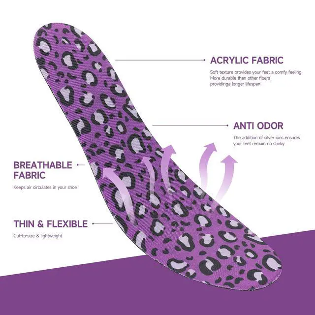 Alt view image 2 of 7 - Womens Shoe Insoles Anti Odor Thin Barefoot Inserts Size 6-9 | Breathable,Comfort Sockless Shoe Liner,No Show Socks,Machine Washable,Moisture ControlCute,Everyday Insoles,Leopard Print