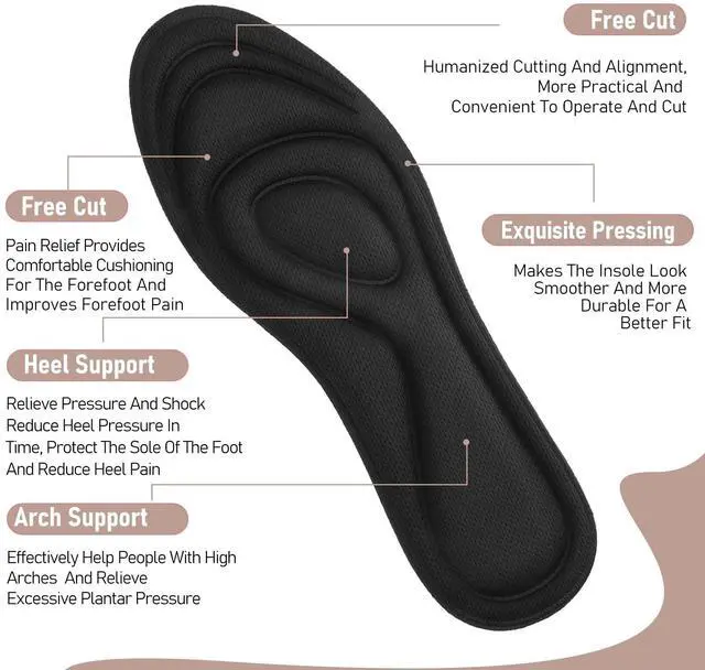 Alt view image 3 of 7 - 2 Pairs Memory Foam Insoles, Full-Foot Responsive Cushioning, Plantar Fasciitis Insoles for Women Man, Orthotic Shoe Inserts Arch Support Inserts for Foot Health (Black, W 7.5-8.5 /M 5.5-6.5)