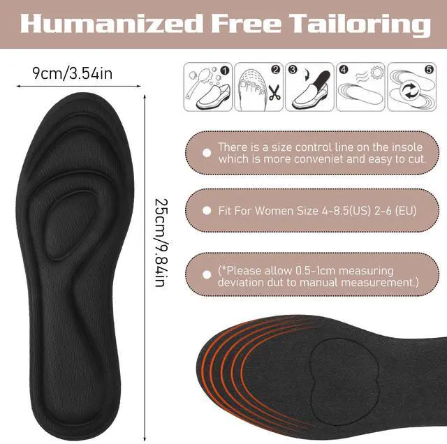 Alt view image 2 of 7 - 2 Pairs Memory Foam Insoles, Full-Foot Responsive Cushioning, Plantar Fasciitis Insoles for Women Man, Orthotic Shoe Inserts Arch Support Inserts for Foot Health (Black, W 7.5-8.5 /M 5.5-6.5)