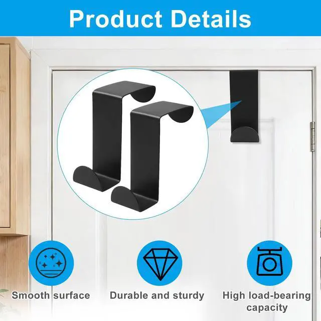 Alt view image 2 of 5 - 2 Pack Stainless Steel Door Hook, Black | Over Cabinet, S-Shaped Double Hook, For Hanging Clothes, Hats, Towels, 60x25mm, Fits 20mm & 40mm Opening