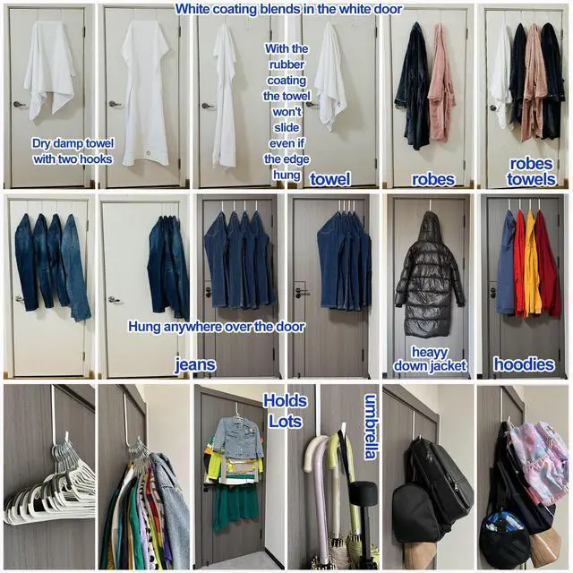 Alt view image 2 of 7 - Over Door Hooks White Rubber Coat Steel 2 Pcs Fit 0.5" to 1-3/8" Door 7.5" | Hang Towels, Robes, Coats, Bags, Hats, Scratch-Free, Sturdy, Door Opens and Closes Normally for Bathroom Bedroom