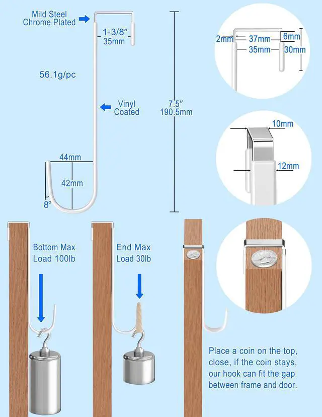 Alt view image 6 of 7 - Over Door Hooks White Rubber Coat Steel 2 Pcs Fit 0.5" to 1-3/8" Door 7.5" | Hang Towels, Robes, Coats, Bags, Hats, Scratch-Free, Sturdy, Door Opens and Closes Normally for Bathroom Bedroom