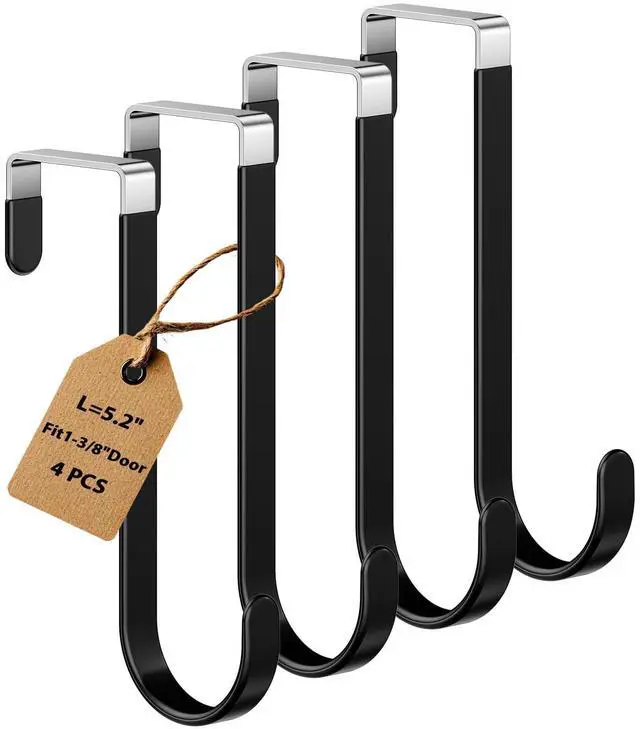 Main image of 4 Pack Over The Door Hooks, Door Hanger Hook, Towel Hooks for Hanging, Towel Hanger for Bathroom, Fit 1 3/8" Door Black, Dorm Room Essentials