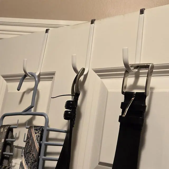 Alt view image 5 of 6 - 4 Pack Over The Door Hooks Organizer | Fit 1-3/8 Thick Doors, Stainless Steel, For Hanging Robes Coats Towels Bags Belt, Dorm Room Essentials
