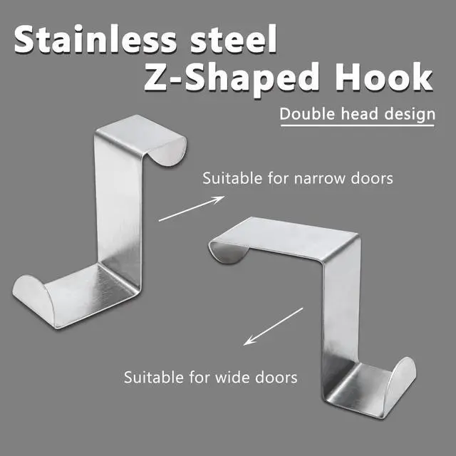 Alt view image 4 of 7 - 5 Pcs Z-Shaped Over The Door Hooks Fits 3/4" and 1-3/4" (Silver) | Stainless Steel, Dual-Head Two Widths, No Tools Hang Over Door, for Kitchen Bathroom Closet Bedroom