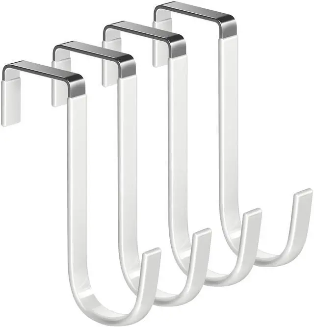 Main image of Single Over Door Steel Hooks 4 Pack Fit 1-3/8" Door 5" White | Plastic Coated Rubber Feel Towel Rack Robe Coat Shoe Wreath Hanger No Damage No Scratch for Bathroom Heavy Duty Thin Top