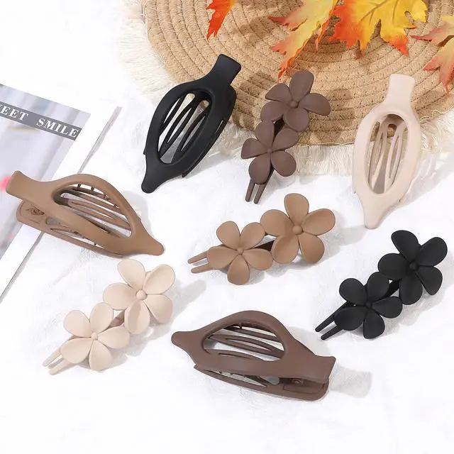 Alt view image 2 of 7 - 8 Pcs Flat Hair Clips for Women, Flower Flat Hair Clips 2 Styles Matte Hair Accessories Non-slip Hair Claw Clips for Thin and Thick Hair (Brown)