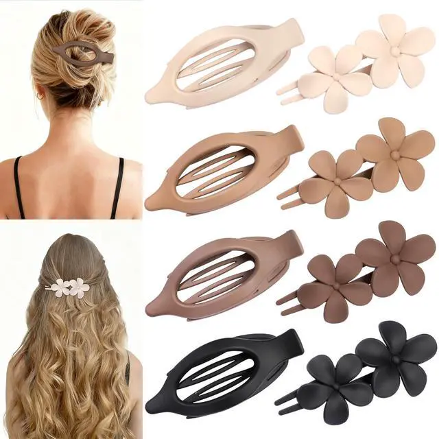 Alt view image 6 of 7 - 8 Pcs Flat Hair Clips for Women, Flower Flat Hair Clips 2 Styles Matte Hair Accessories Non-slip Hair Claw Clips for Thin and Thick Hair (Brown)