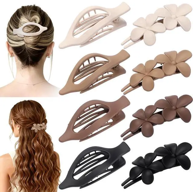 Main image of 8 Pcs Flat Hair Clips for Women, Flower Flat Hair Clips 2 Styles Matte Hair Accessories Non-slip Hair Claw Clips for Thin and Thick Hair (Brown)