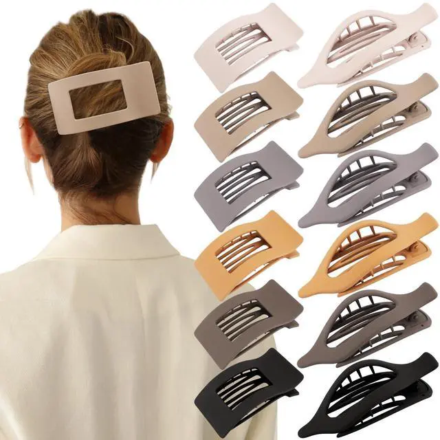 Main image of Flat Hair Clips for Women Girls, 12 Pack Lay Flat Claw Clips, Large Side French Duck Billed Hair Jaw Claw Clip for All Hair Types, Work Daily Trendy Fashion Styling Gifts Hair Clip Brown