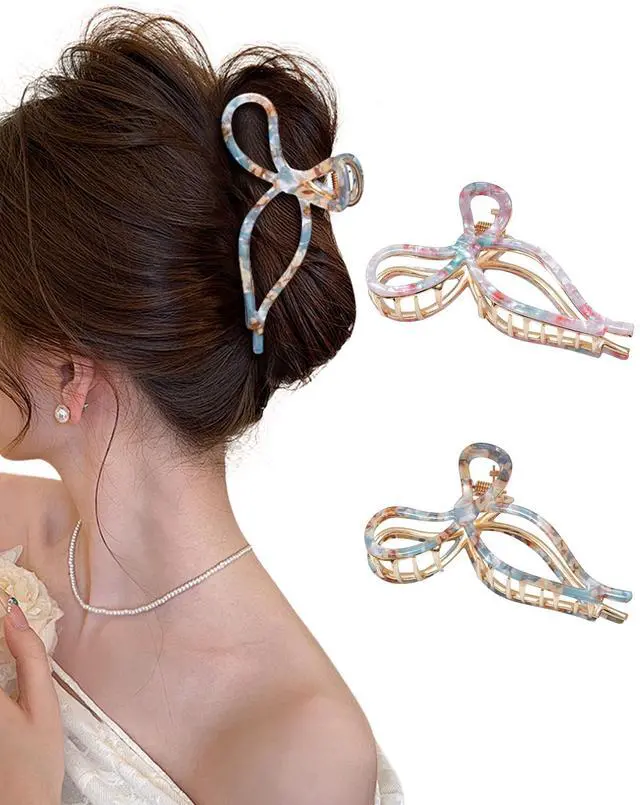 Main image of 2 Pack Bow Claw Clips for Women Thick Thin Hair, Strong Hold | metal bow hair clips, cute elegant design, non-slip strong hold, daily styling, Floral