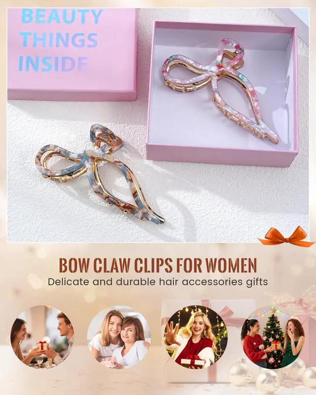 Alt view image 3 of 7 - 2 Pack Bow Claw Clips for Women Thick Thin Hair, Strong Hold | metal bow hair clips, cute elegant design, non-slip strong hold, daily styling, Floral