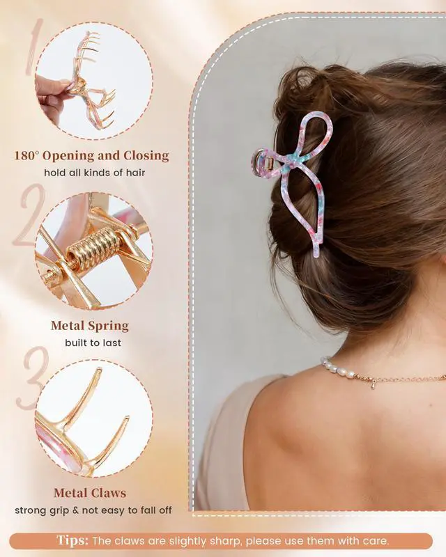 Alt view image 4 of 7 - 2 Pack Bow Claw Clips for Women Thick Thin Hair, Strong Hold | metal bow hair clips, cute elegant design, non-slip strong hold, daily styling, Floral