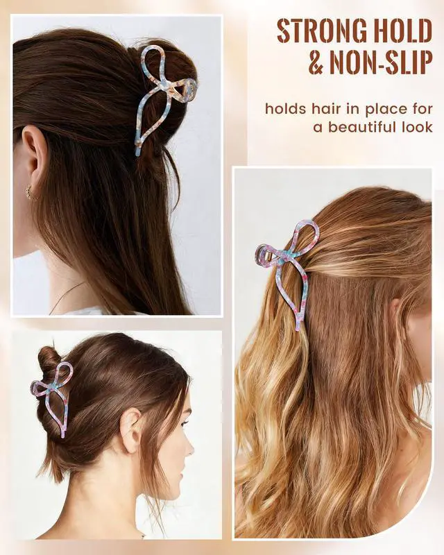 Alt view image 5 of 7 - 2 Pack Bow Claw Clips for Women Thick Thin Hair, Strong Hold | metal bow hair clips, cute elegant design, non-slip strong hold, daily styling, Floral
