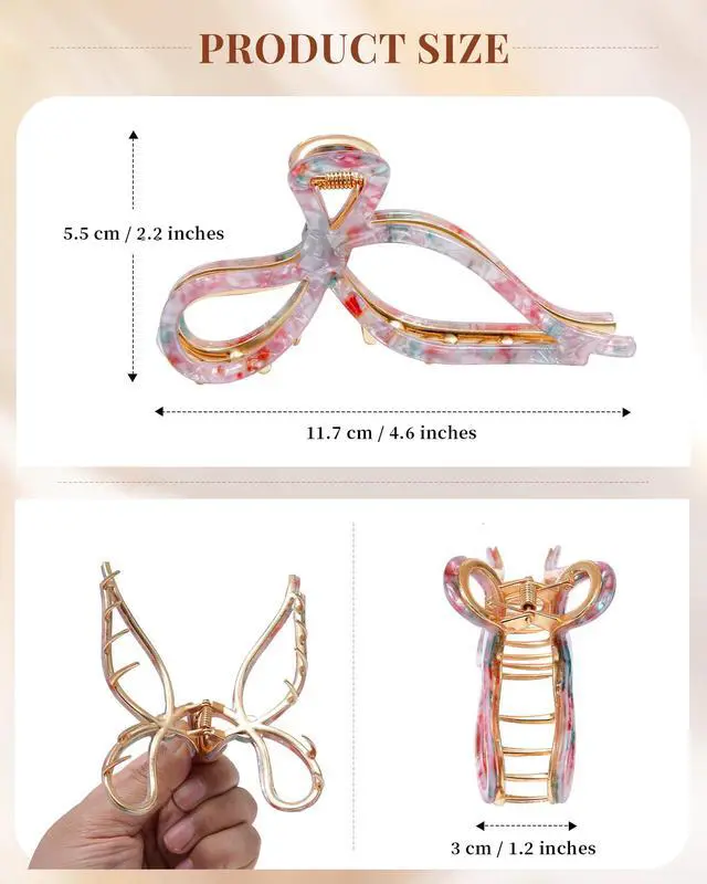 Alt view image 7 of 7 - 2 Pack Bow Claw Clips for Women Thick Thin Hair, Strong Hold | metal bow hair clips, cute elegant design, non-slip strong hold, daily styling, Floral