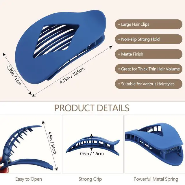 Alt view image 5 of 7 - Large Flat Round Hair Clips Oval Claw Clips for Thick Medium Thin Hair 6Pcs Non Slip Strong Hold Barrettes Duckbill Accessories for Women Girls Matte Solid Color Grey Blue