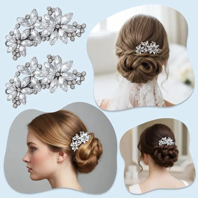 Alt view image 2 of 7 - 2 Pcs Rhinestone Hair Clips, Silver Hair Clips, Crystal Fancy Hair Clip for Women, Sparkly Rhinestone Barrettes for Women, Bridal Hair Accessories for Women, Wedding, Prom