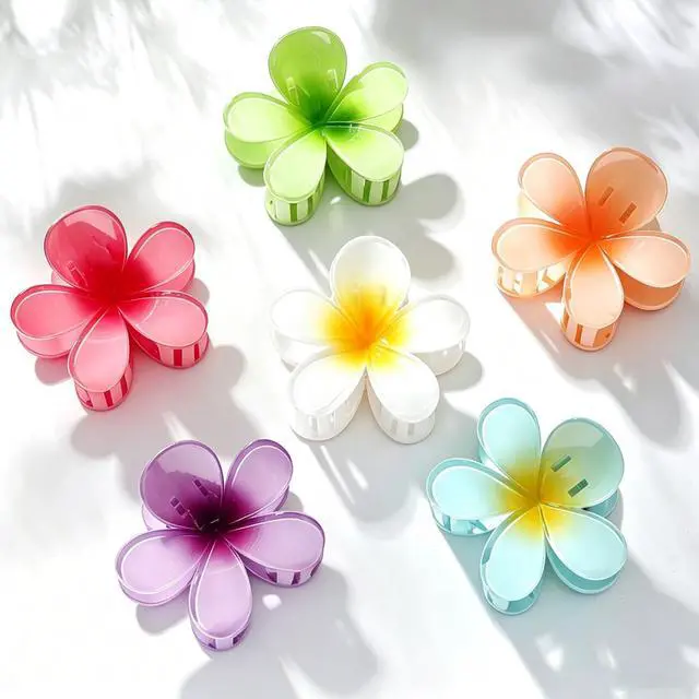 Alt view image 6 of 7 - 6 Pcs Flower Hair Claw Clips for Women, Hawaiian Style Large Claw Clips with Strong Hold Non Slip, Beach Hair Accessories for Thick Thin Curly Hair (Hawaiian)