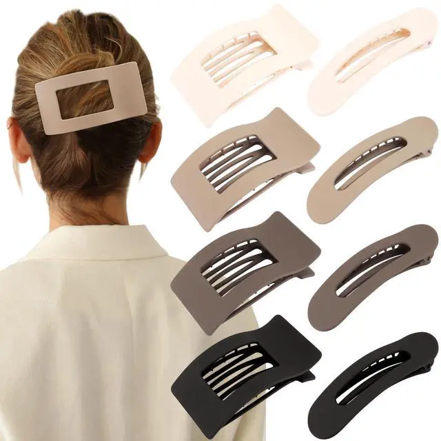 Main image of Flat Hair Clips for Women Girls, 2 Styles 8 Pcs Lay Flat Claw Clips, Strong Hold French Duck Billed Large Side Hair Jaw Clip for All Hair Types, Fashion Trendy Hair Accessories Brown