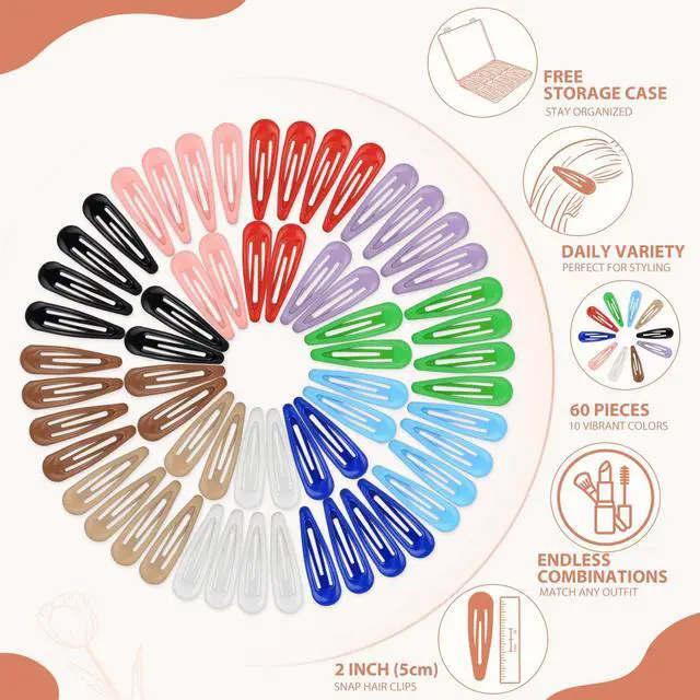 Alt view image 3 of 7 - 60 Pcs Metal Snap Hair Clips with Plastic Storage Box, 2 Inch Hair Barrettes for Women Girls, 10 Assorted Colors Non-Slip Metal Barrettes for Daily Hairstyling