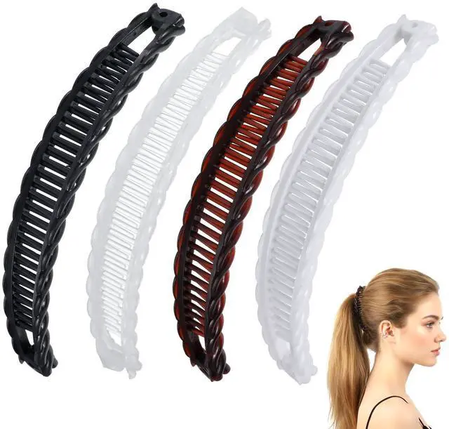 Main image of 4 Pcs Banana Hair Clips, Non-Slip Hair-Claws with Double Combs, Vintage Banana Clips for Women Thick Curly Hair, Ponytail Holder Styling Accessories