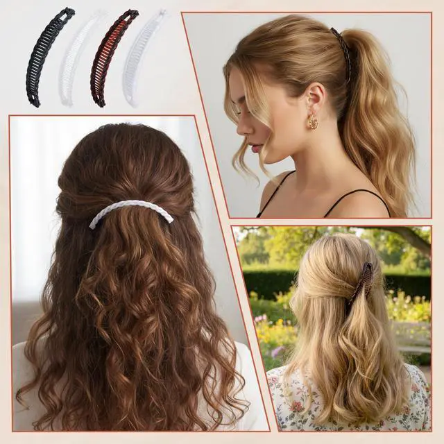 Alt view image 2 of 7 - 4 Pcs Banana Hair Clips, Non-Slip Hair-Claws with Double Combs, Vintage Banana Clips for Women Thick Curly Hair, Ponytail Holder Styling Accessories