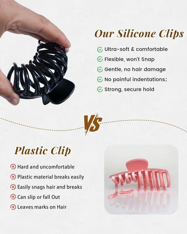 Alt view image 2 of 6 - 4 Pack Silicone Hair Claw Clips for Women, Flexible Nonslip | soft squishy silicone clips, bendable and flexible grip, strong hold for thin and thick hair, daily use, Black & Coffee