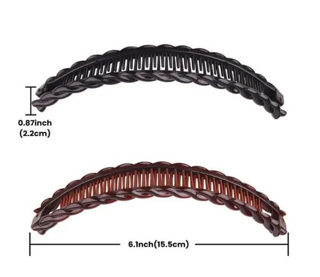 Alt view image 2 of 7 - 2Pcs Banana Hair Clips for Thick Curly Hair - Black and Brown Tortoise Clips, Vintage Clincher Combs for Women, Girls - Non-Slip Fish Grip Slides, 80s Retro Hair Accessories