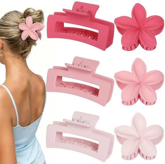Main image of Flower Hair Clips for Women, Square Claw Clips for Girls 6 PCS - Light Pink | 2 Styles Hair Claw Clips for Thick or Thin Hair Hibiscus Rectangle Large Plumeria Medium Hair Accessories for Women