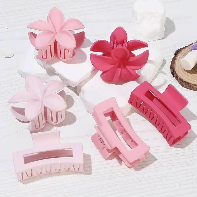 Alt view image 4 of 7 - Flower Hair Clips for Women, Square Claw Clips for Girls 6 PCS - Light Pink | 2 Styles Hair Claw Clips for Thick or Thin Hair Hibiscus Rectangle Large Plumeria Medium Hair Accessories for Women