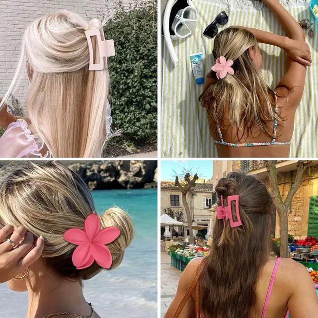 Alt view image 5 of 7 - Flower Hair Clips for Women, Square Claw Clips for Girls 6 PCS - Light Pink | 2 Styles Hair Claw Clips for Thick or Thin Hair Hibiscus Rectangle Large Plumeria Medium Hair Accessories for Women