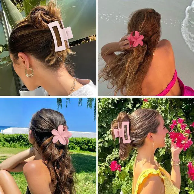 Alt view image 6 of 7 - Flower Hair Clips for Women, Square Claw Clips for Girls 6 PCS - Light Pink | 2 Styles Hair Claw Clips for Thick or Thin Hair Hibiscus Rectangle Large Plumeria Medium Hair Accessories for Women