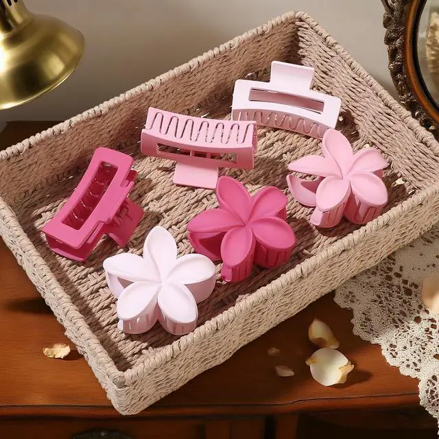 Alt view image 2 of 7 - Flower Hair Clips for Women, Square Claw Clips for Girls 6 PCS - Light Pink | 2 Styles Hair Claw Clips for Thick or Thin Hair Hibiscus Rectangle Large Plumeria Medium Hair Accessories for Women