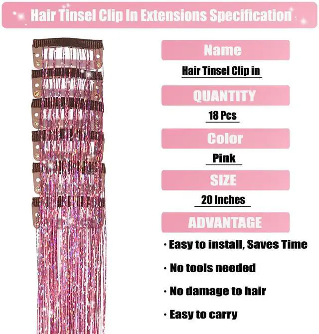 Alt view image 3 of 7 - 18Pcs Hair Tinsel Clip in, Tinsel Hair Extensions, Pink Hair Tinsel Clips 20 Inch Glitter Fairy Hair Clips, Party Festival Clip in Hair Tinsel, Pink Hair Accessories for Girls Kids Women (Pink 18Pcs)