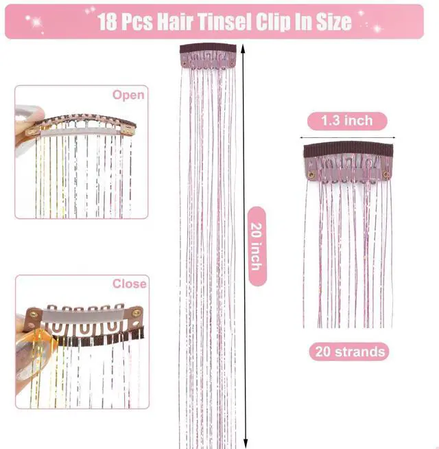 Alt view image 4 of 7 - 18Pcs Hair Tinsel Clip in, Tinsel Hair Extensions, Pink Hair Tinsel Clips 20 Inch Glitter Fairy Hair Clips, Party Festival Clip in Hair Tinsel, Pink Hair Accessories for Girls Kids Women (Pink 18Pcs)