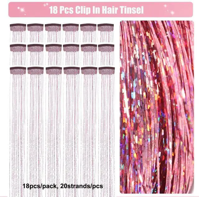 Alt view image 2 of 7 - 18Pcs Hair Tinsel Clip in, Tinsel Hair Extensions, Pink Hair Tinsel Clips 20 Inch Glitter Fairy Hair Clips, Party Festival Clip in Hair Tinsel, Pink Hair Accessories for Girls Kids Women (Pink 18Pcs)