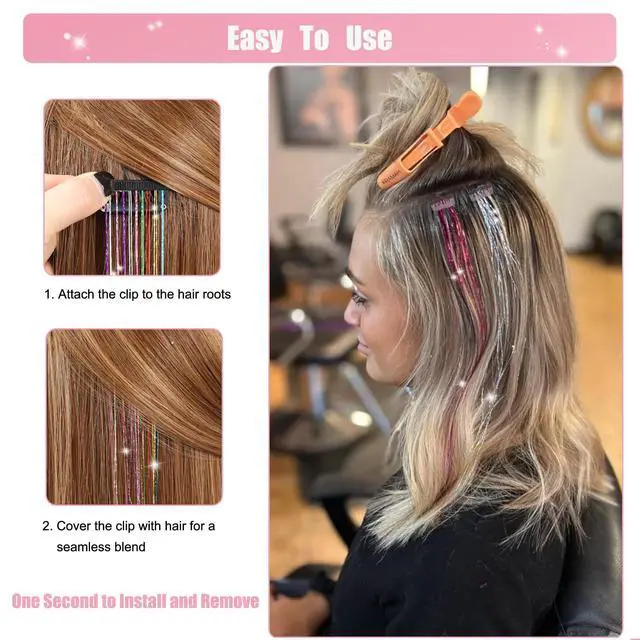 Alt view image 5 of 7 - 18Pcs Hair Tinsel Clip in, Tinsel Hair Extensions, Pink Hair Tinsel Clips 20 Inch Glitter Fairy Hair Clips, Party Festival Clip in Hair Tinsel, Pink Hair Accessories for Girls Kids Women (Pink 18Pcs)
