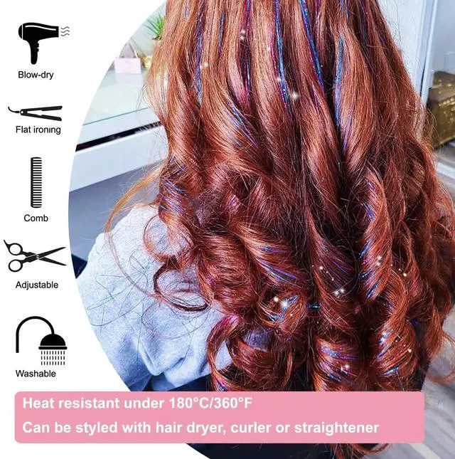 Alt view image 6 of 7 - 18Pcs Hair Tinsel Clip in, Tinsel Hair Extensions, Pink Hair Tinsel Clips 20 Inch Glitter Fairy Hair Clips, Party Festival Clip in Hair Tinsel, Pink Hair Accessories for Girls Kids Women (Pink 18Pcs)