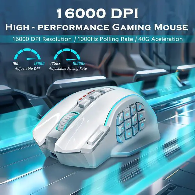 Alt view image 2 of 7 - Wireless Gaming Mouse, MMO Gaming Mouse UP 16,000 DPI, 16 Macro Programmable Buttons, RGB Rechargeable Mouse with 12 Side Buttons, 70Hrs for PC Laptop MOBA FPS, White,M901P-WS