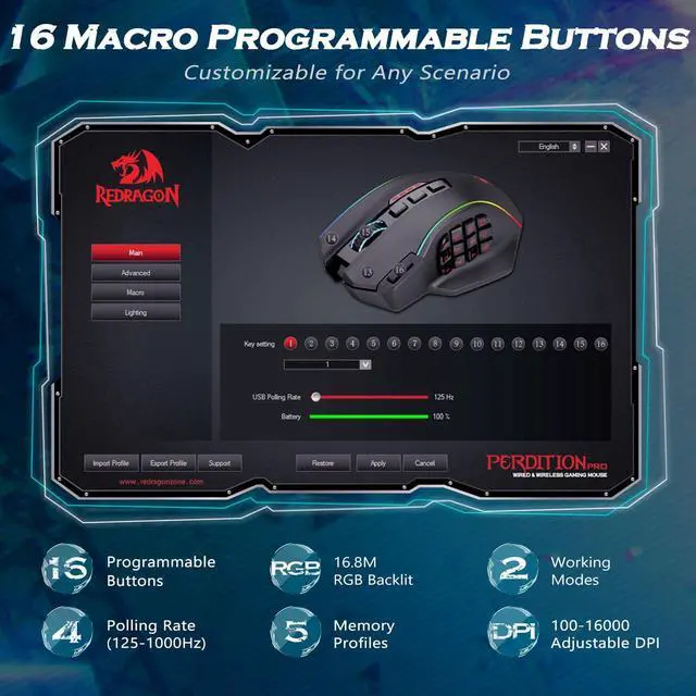 Alt view image 3 of 7 - Wireless Gaming Mouse, MMO Gaming Mouse UP 16,000 DPI, 16 Macro Programmable Buttons, RGB Rechargeable Mouse with 12 Side Buttons, 70Hrs for PC Laptop MOBA FPS, White,M901P-WS