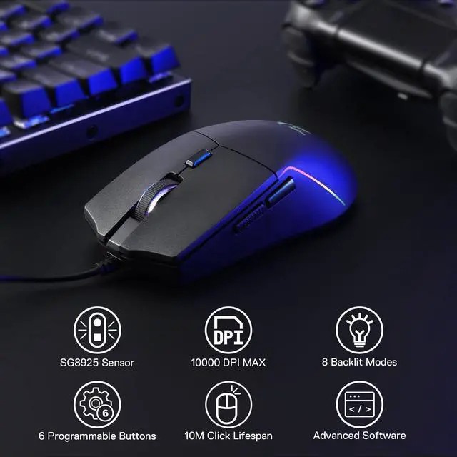 Alt view image 2 of 7 - Wired RGB Gaming Mouse, 10000 DPI Lightweight Optical Mouse with 6 Programmable Buttons, Software Supports DIY Keybinds for PC Computer Windows Mac Laptop, Black