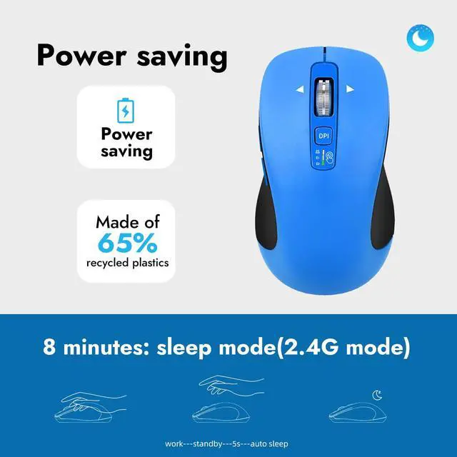 Alt view image 7 of 7 - Wireless Bluetooth Mouse (USB + BT1 + BT2), Full Size, 4-Way Scrolling, Multi-Device Silent Mouse for Computer, Laptop, iPad, MacBook (Blue)