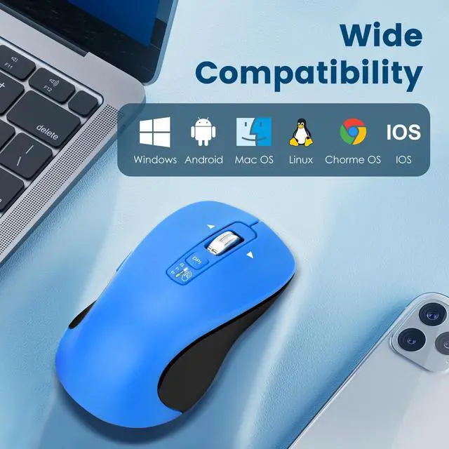 Alt view image 4 of 7 - Wireless Bluetooth Mouse (USB + BT1 + BT2), Full Size, 4-Way Scrolling, Multi-Device Silent Mouse for Computer, Laptop, iPad, MacBook (Blue)
