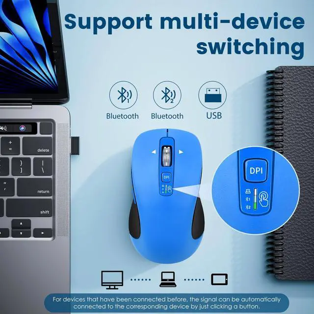 Alt view image 5 of 7 - Wireless Bluetooth Mouse (USB + BT1 + BT2), Full Size, 4-Way Scrolling, Multi-Device Silent Mouse for Computer, Laptop, iPad, MacBook (Blue)